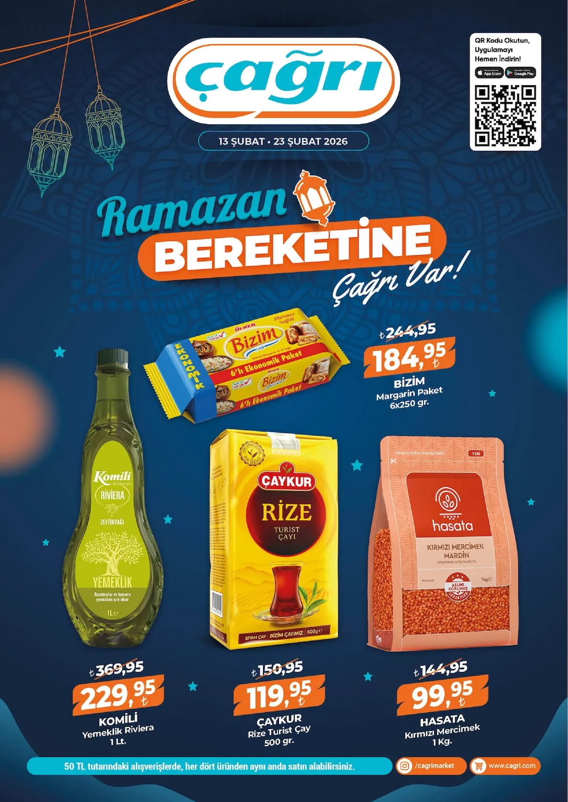 Çağrı Çağrı Market 13 Şubat 2026 Aktüel Kataloğu sayfa 1: Hasata Kırmızı Mercimek Mardin 1 Kg, Çaykur Rize Turist Çayı 500 Gr.