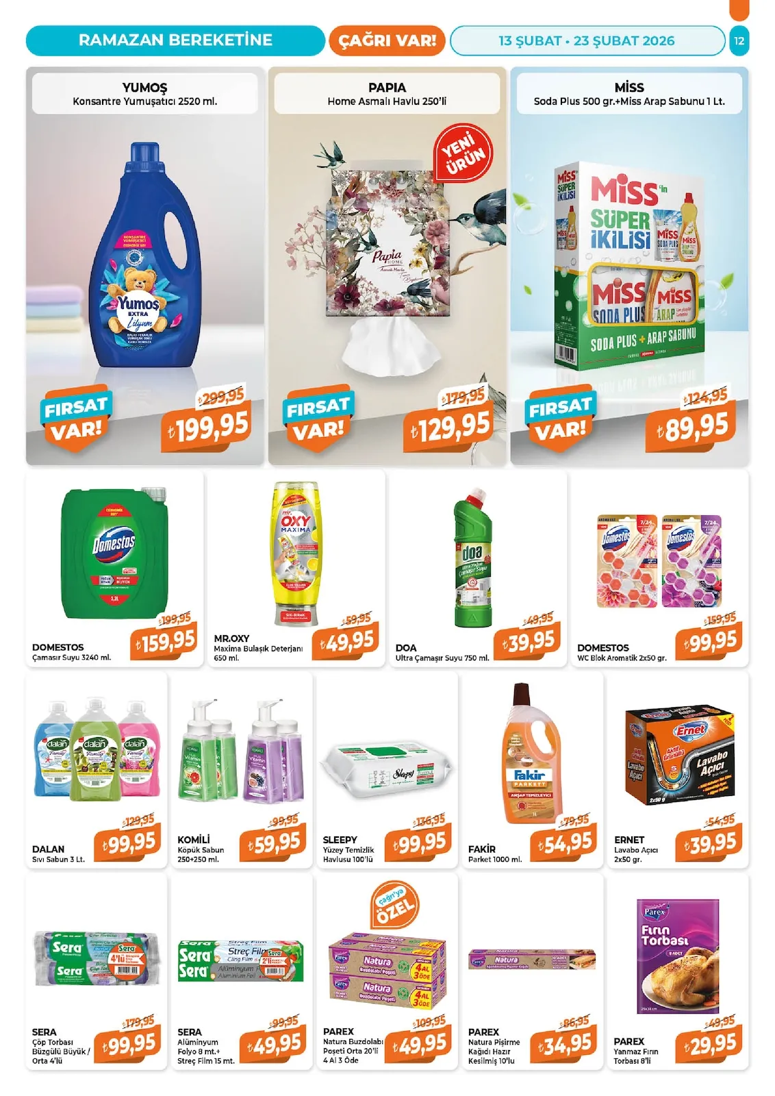 Çağrı Çağrı Market 13 Şubat 2026 Aktüel Kataloğu sayfa 12: Faki̇R Parket 1000 Ml., Domestos Çamaşır Suyu 3240 Ml.