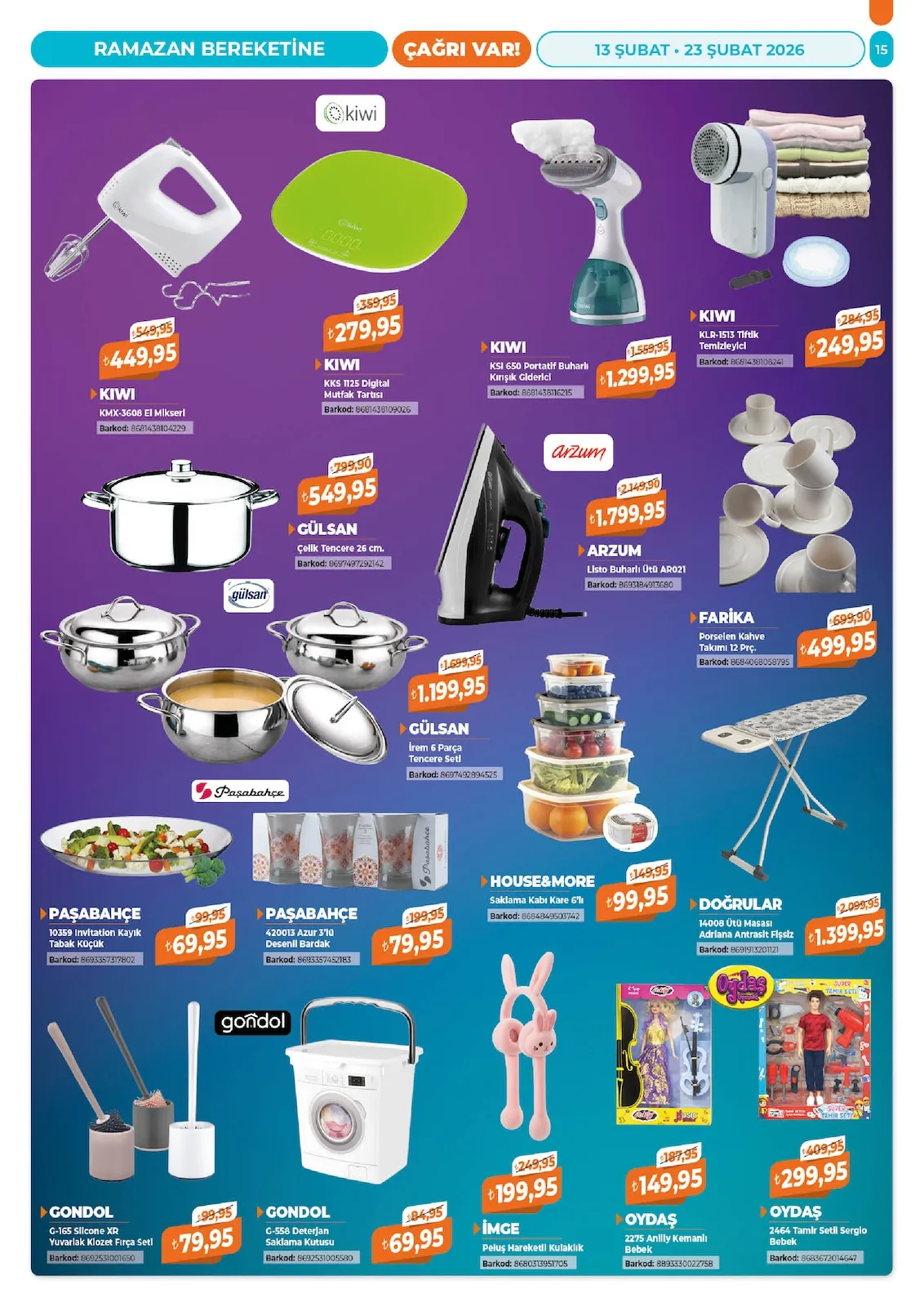 Çağrı Çağrı Market 13 Şubat 2026 Aktüel Kataloğu sayfa 15: Gondol G-165 Silicone Xr Yuvarlak Klozet Fırça Seti, Arzum Listo Buharlı Ütü Ar021