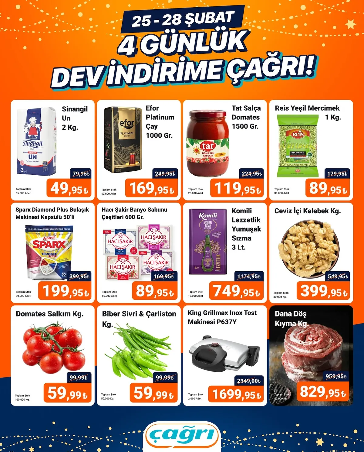 Çağrı Çağrı Market 25 Şubat 2026 Aktüel Kataloğu sayfa 1: Sinangil Un 2 Kg., Komili Lezzetlik Yumuşak Sızma 3 Lt.