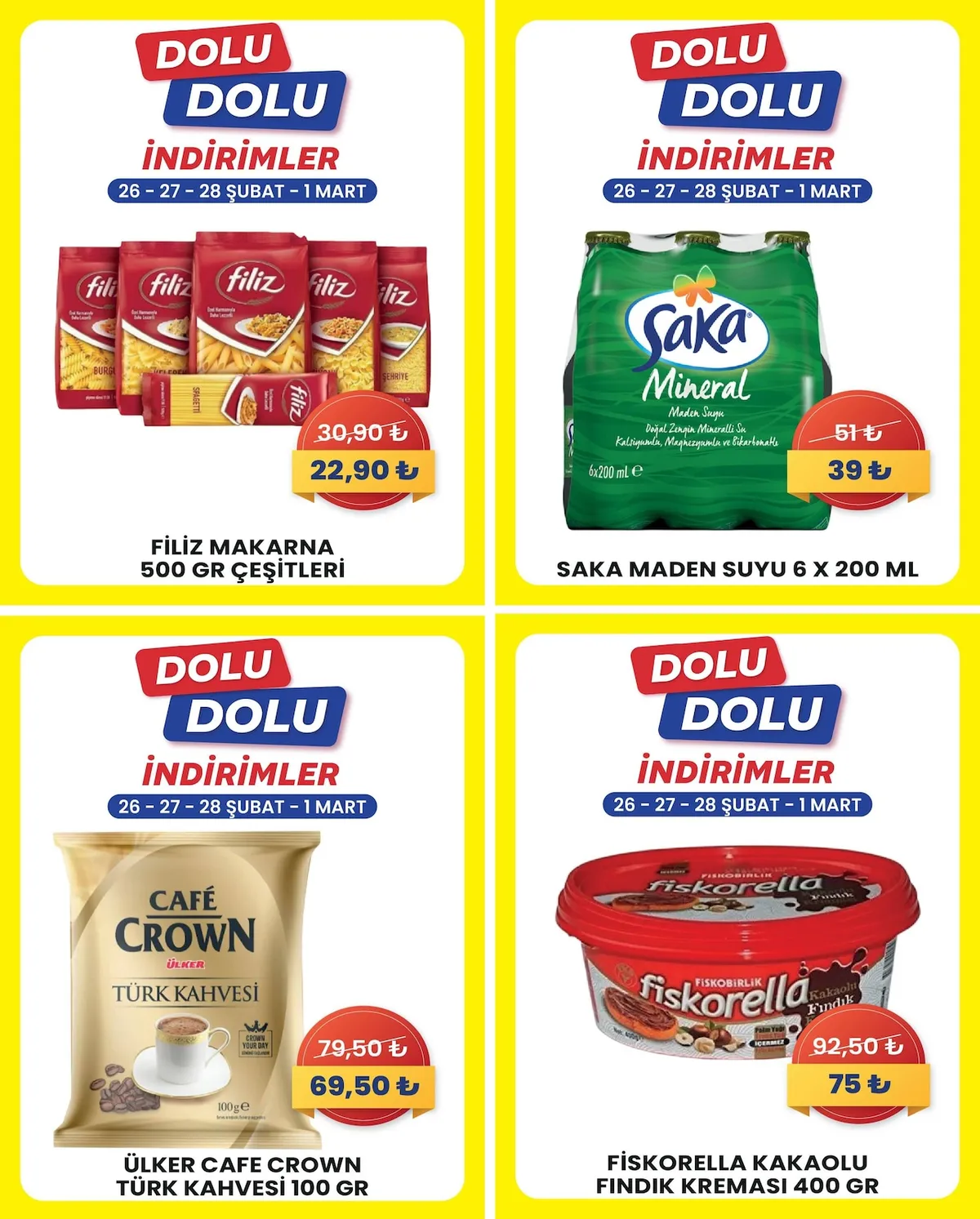 Özhan Özhan Marketler Zinciri 26 Şubat 2026 Aktüel Kataloğu sayfa 4: Filiz Makarna 500 Gr Çeşitleri, Ülker Cafe Crown Türk Kahvesi 100 Gr
