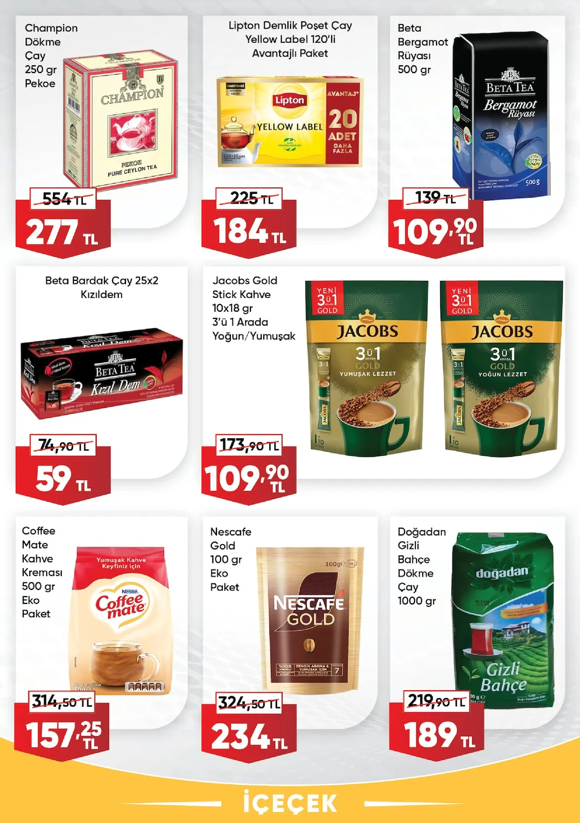 Üçler Üçler Market 9 Şubat 2026 Aktüel Kataloğu sayfa 20: Jacobs Gold Stick Kahve 10X18 Gr 3'Ü 1 Arada Yoğun/Yumuşak, Champion Dökme Çay 250 Gr Pekoe