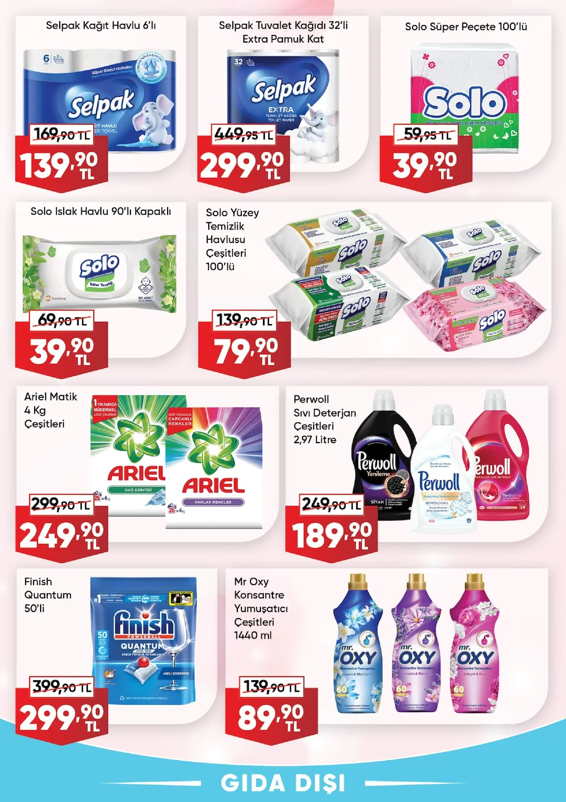 Üçler Üçler Market 9 Şubat 2026 Aktüel Kataloğu sayfa 24: Ariel Matik 4 Kg Çeşitleri, Solo Yüzey Temizlik Havlusu Çeşitleri 100'Lü
