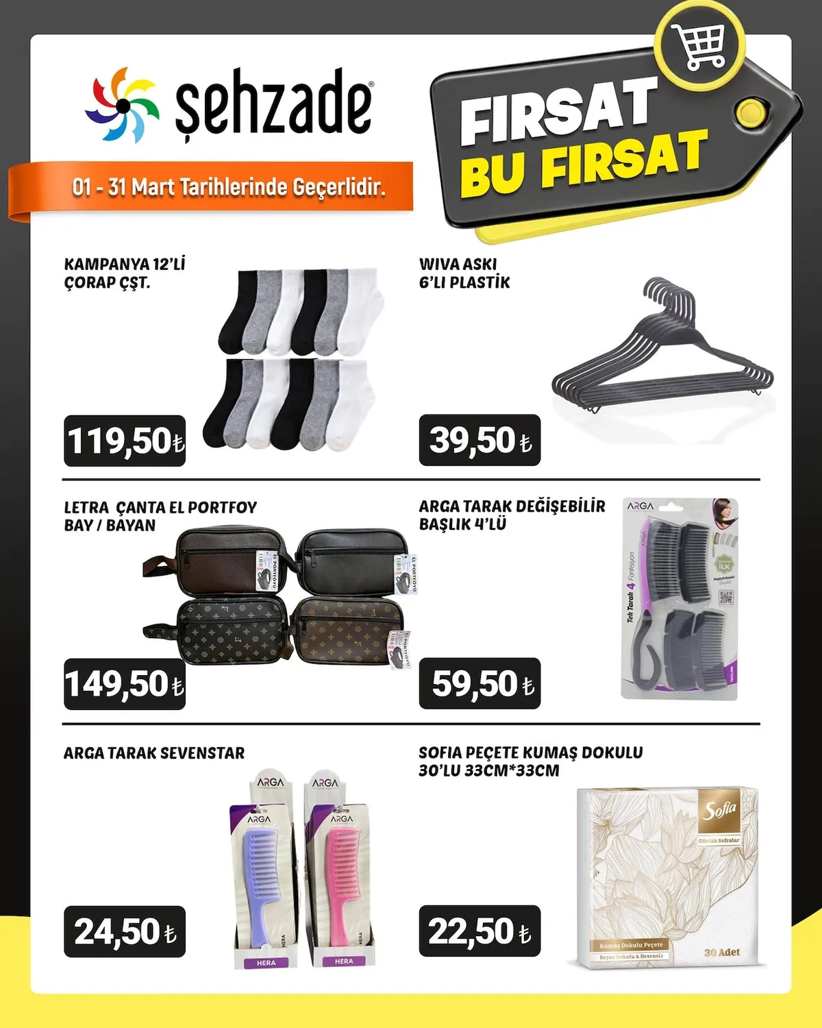 Şehzade Şehzade Market 1 Mart 2026 Aktüel Kataloğu sayfa 7: Letra Çanta El Portfoy Bay / Bayan, Arga Tarak Değişebilir Başlık 4'Lü