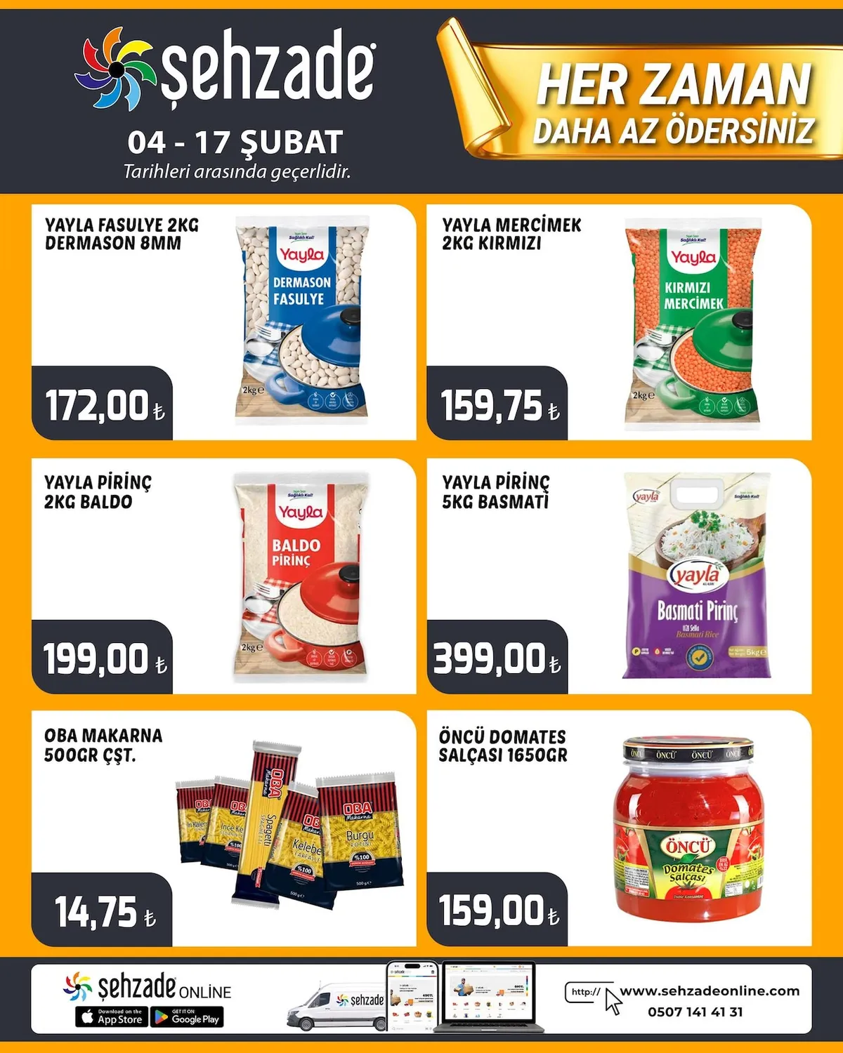 Şehzade Şehzade Market 4 Şubat 2026 Aktüel Kataloğu sayfa 3: Yayla Pi̇Ri̇Nç 5Kg Basmati̇, Yayla Pi̇Ri̇Nç 2Kg Baldo