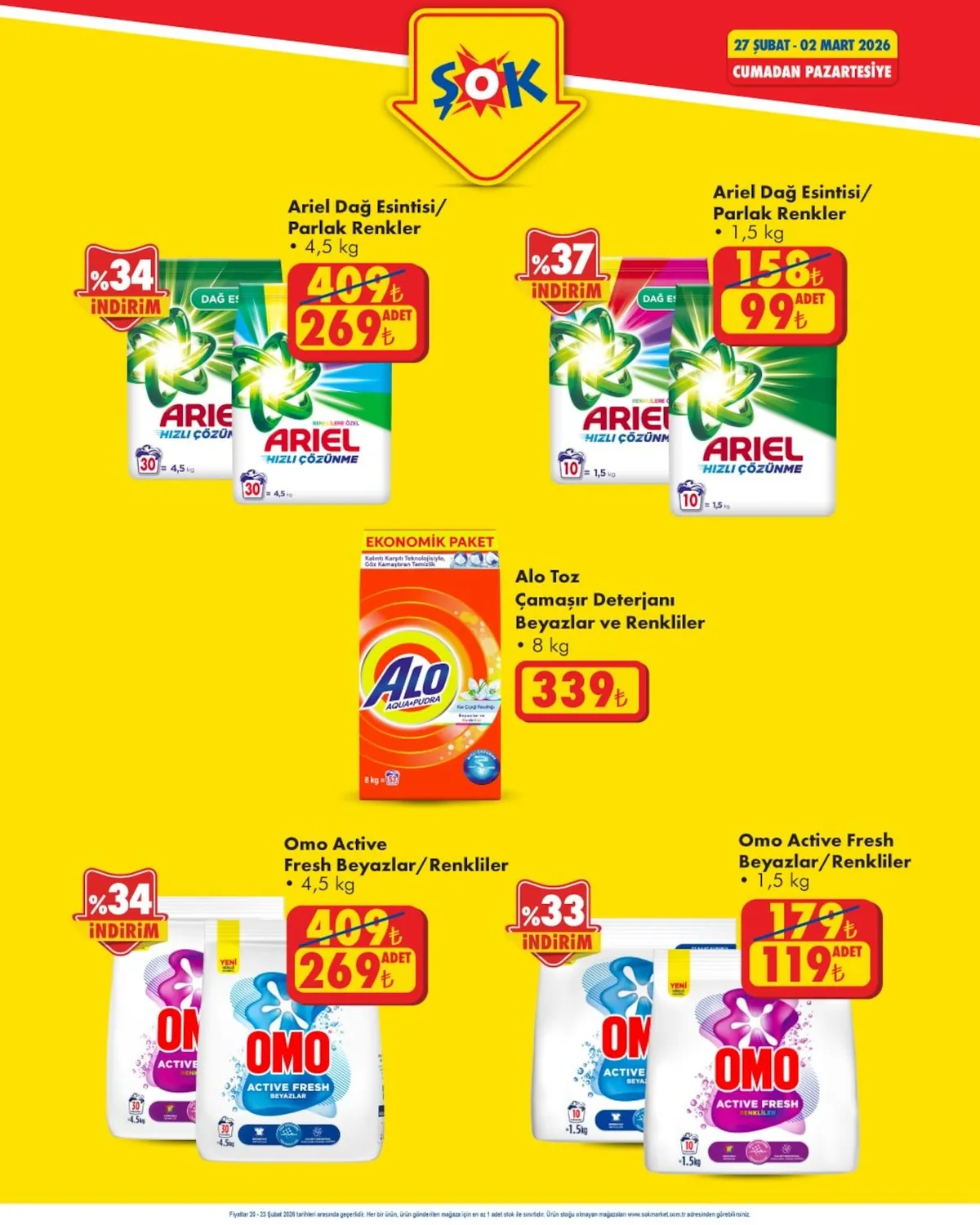 ŞOK Şok 27 Şubat 2026 Aktüel Kataloğu sayfa 2: Omo Active Fresh Beyazlar/Renkliler 4,5 Kg