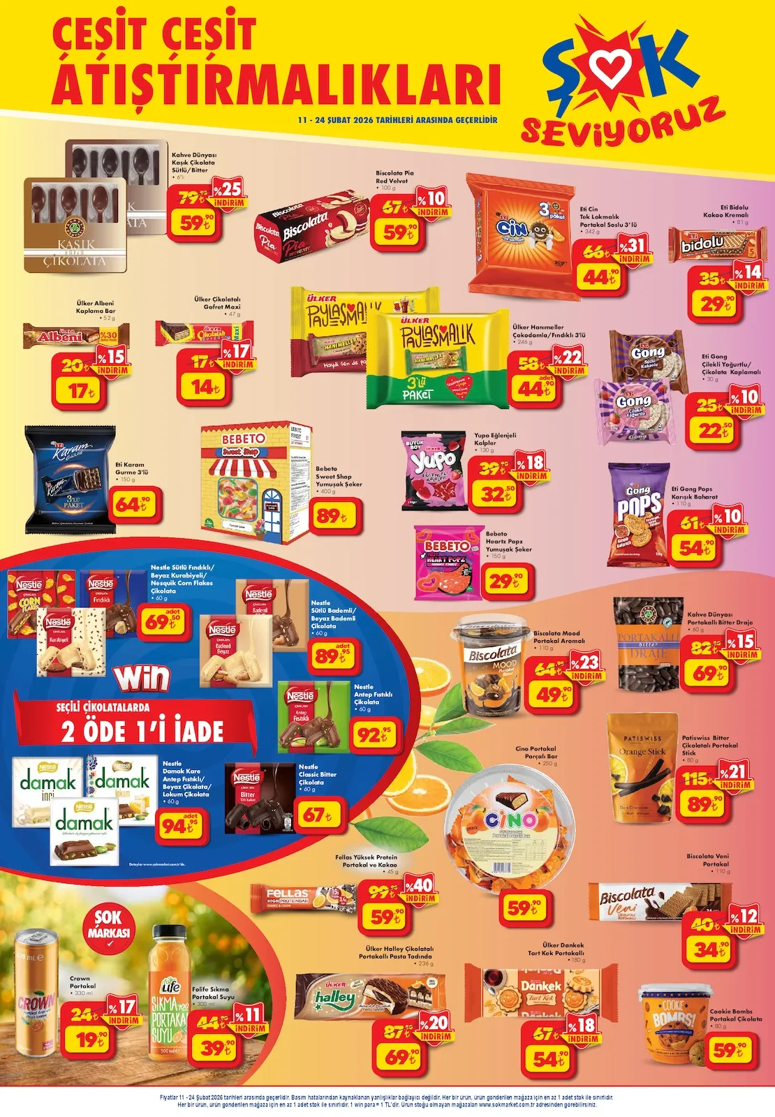 ŞOK Şok 11 Şubat 2026 Aktüel Kataloğu sayfa 1: Nestle Damak Kare Antep Fıstıklı/ Beyaz Çikolata/ Lokum Çikolata 60 G, Eti Cin Tek Lokmalık Portakal Soslu 3'Lü 342 G