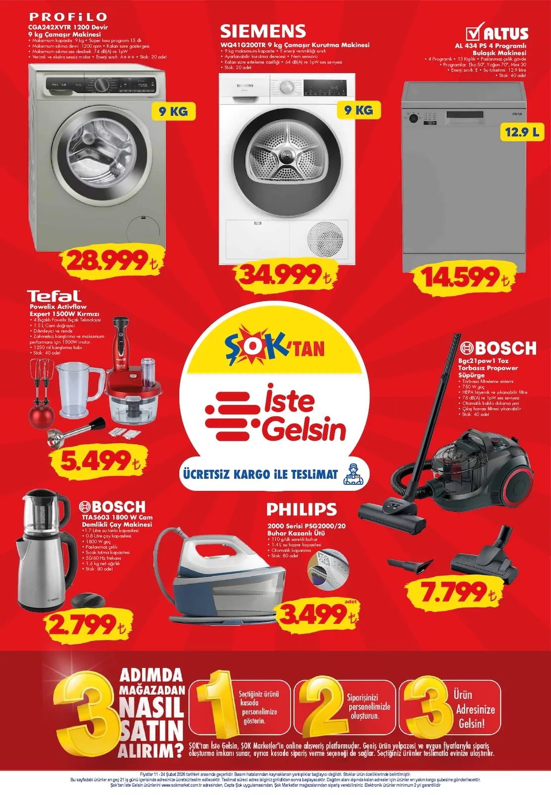 ŞOK Şok 11 Şubat 2026 Aktüel Kataloğu sayfa 12: Tefal Powelix Activflow Expert 1500W Kırmızı Blender Seti, Bosch Tta5603 1800 W Cam Demlikli Çay Makinesi