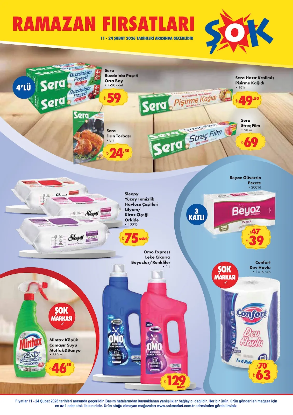 ŞOK Şok 11 Şubat 2026 Aktüel Kataloğu sayfa 7: Sera Fırın Torbası 8'Li, Sera Hazır Kesilmiş Pişirme Kağıdı 16'Lı