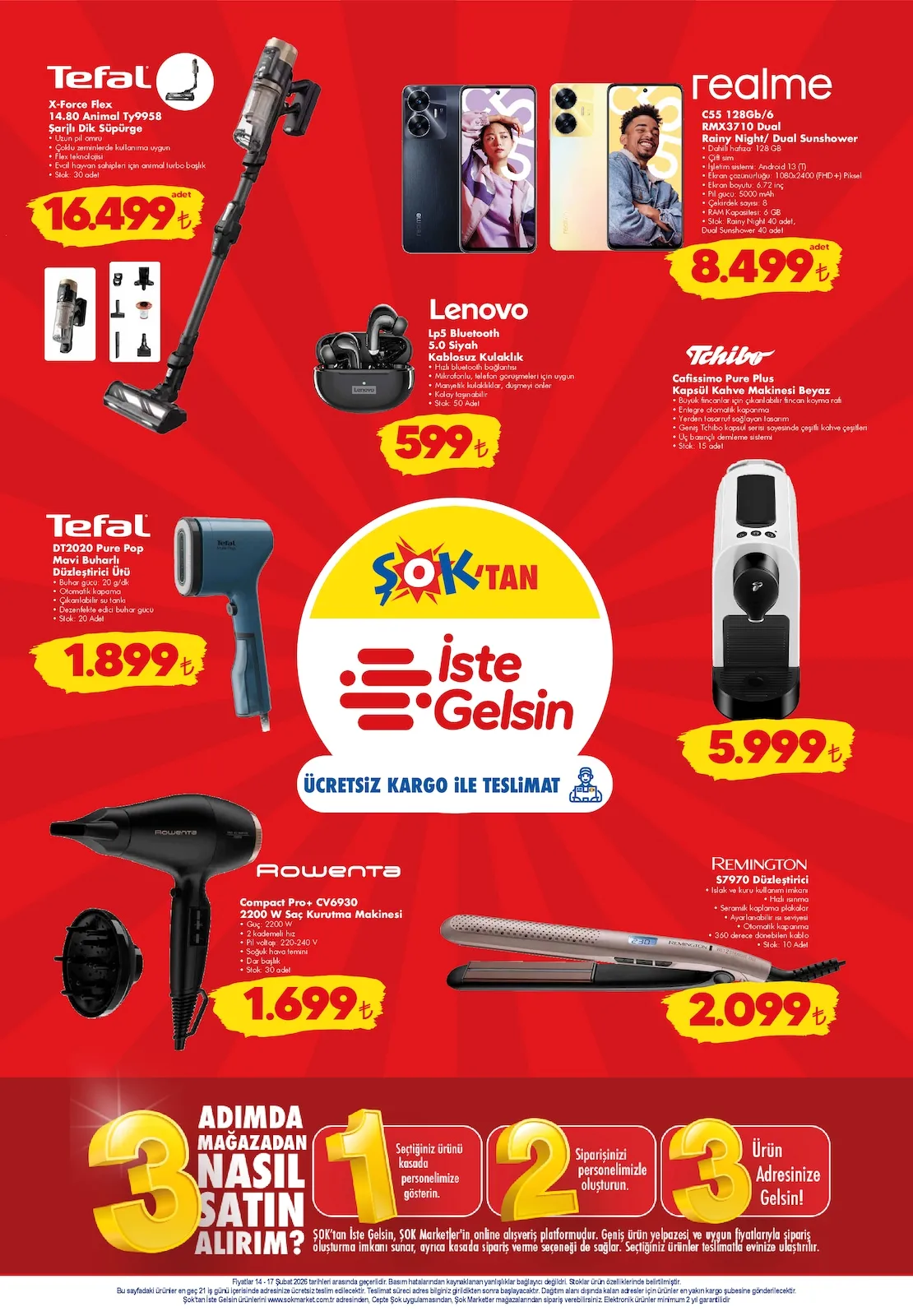 ŞOK Şok 14 Şubat 2026 Aktüel Kataloğu sayfa 3: Tefal Dt2020 Pure Pop Mavi Buharlı Düzleştirici Ütü, Tefal X-Force Flex 14.80 Animal Ty9958 Şarjlı Dik Süpürge