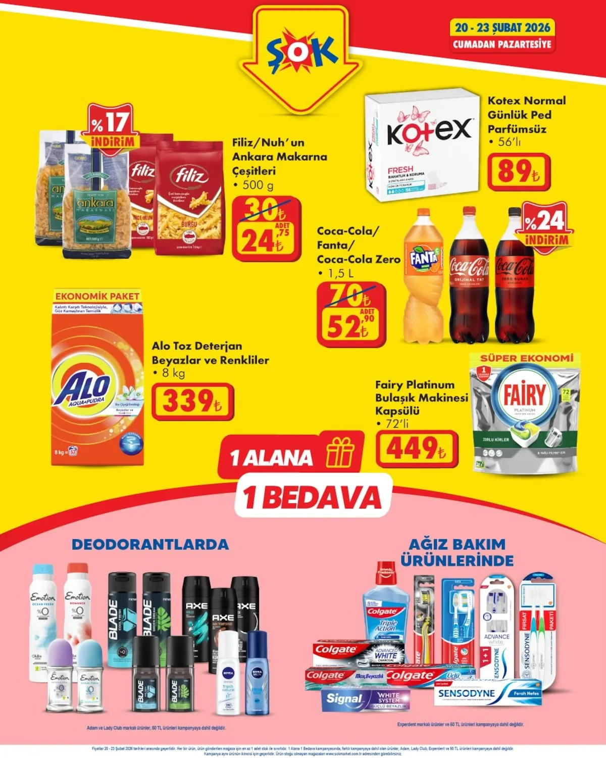 ŞOK Şok 20 Şubat 2026 Aktüel Kataloğu sayfa 2: Alo Toz Deterjan Beyazlar Ve Renkliler 8 Kg, Kotex Normal Günlük Ped Parfümsüz 56'Lı