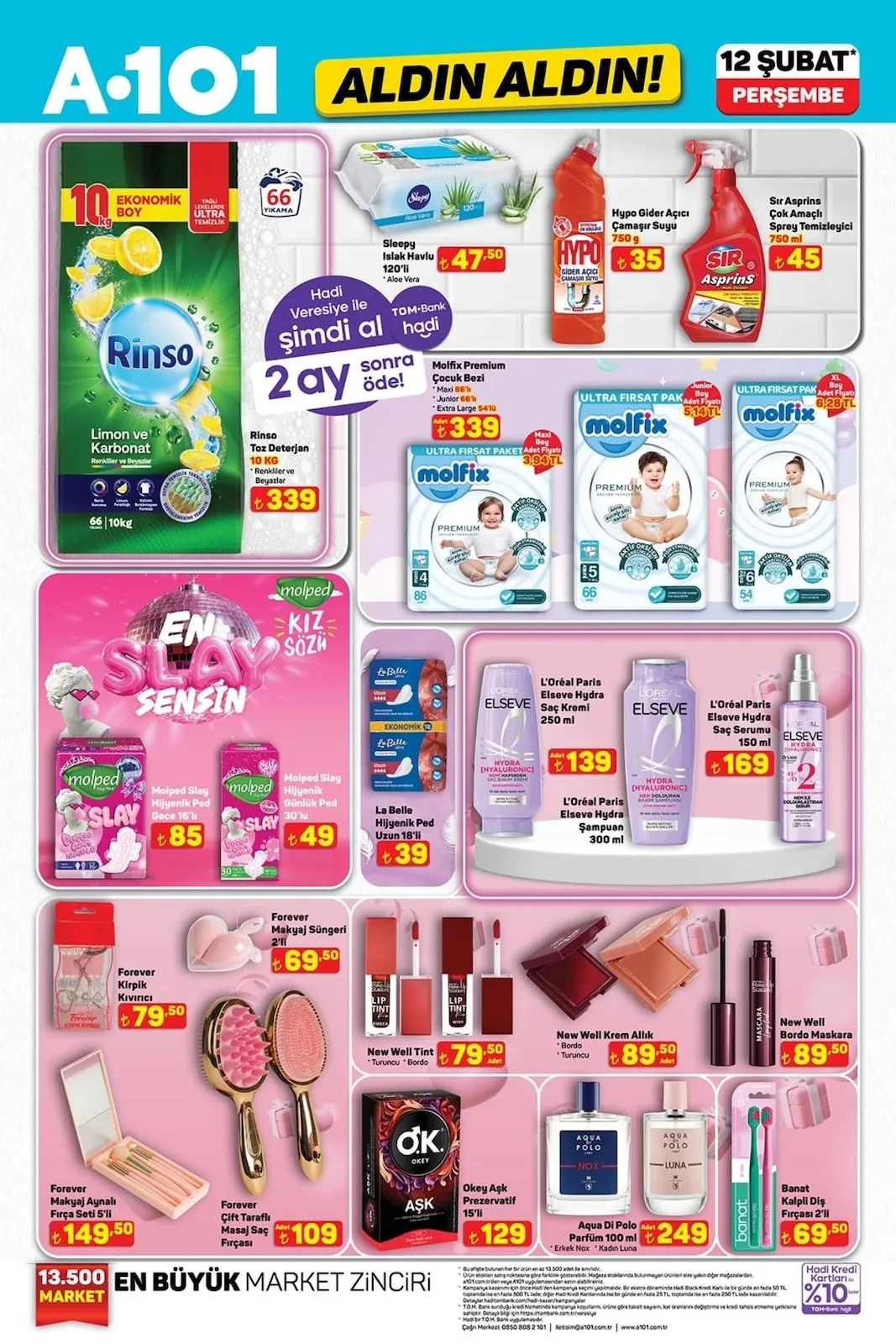 A101 A101 12 Şubat 2026 Aktüel Kataloğu sayfa 14: Molped Slay Hijyenik Ped Gece 16'Lı, L'Oréal Paris Elseve Hydra Saç Serumu 150 Ml