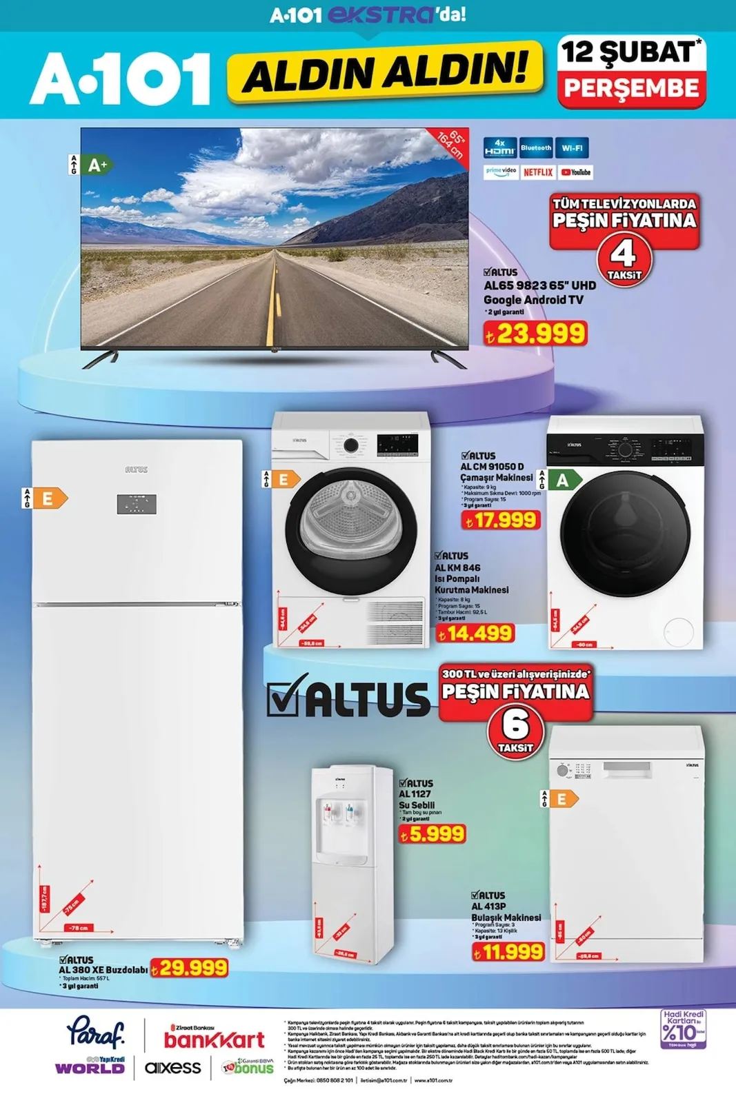 A101 A101 12 Şubat 2026 Aktüel Kataloğu sayfa 2: Altus Al65 9823 65" Uhd Google Android Tv, Altus Al 413P Bulaşık Makinesi