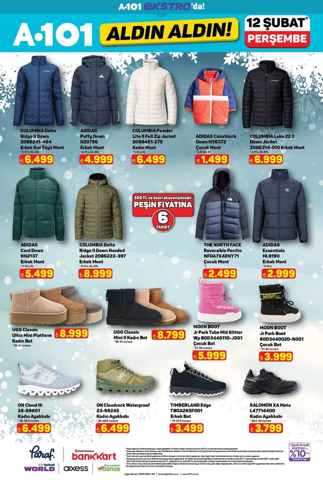 A101 A101 12 Şubat 2026 Aktüel Kataloğu sayfa 6: Adidas Cord Down Hn2137 Erkek Mont, Ugg Classic Ultra Mini Platform Kadın Bot
