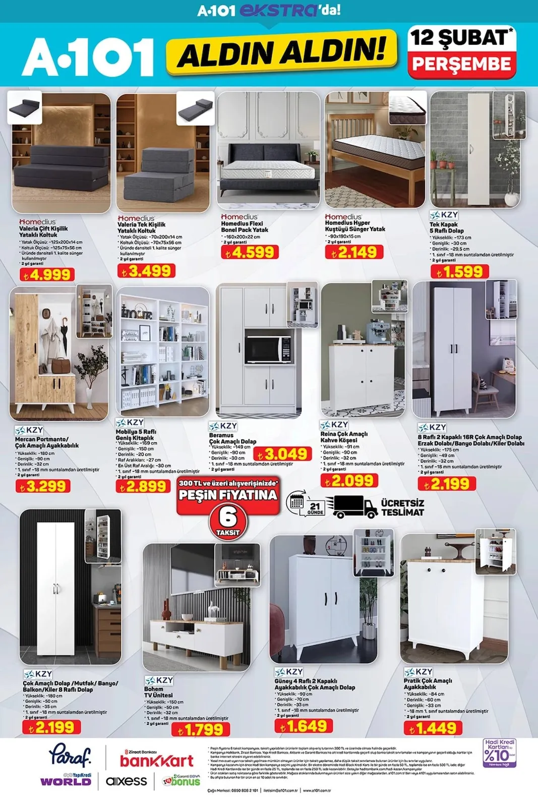 A101 A101 12 Şubat 2026 Aktüel Kataloğu sayfa 8: Kzy Bohem Tv Ünitesi, Kzy Güney 4 Raflı 2 Kapaklı Çok Amaçlı Dolap