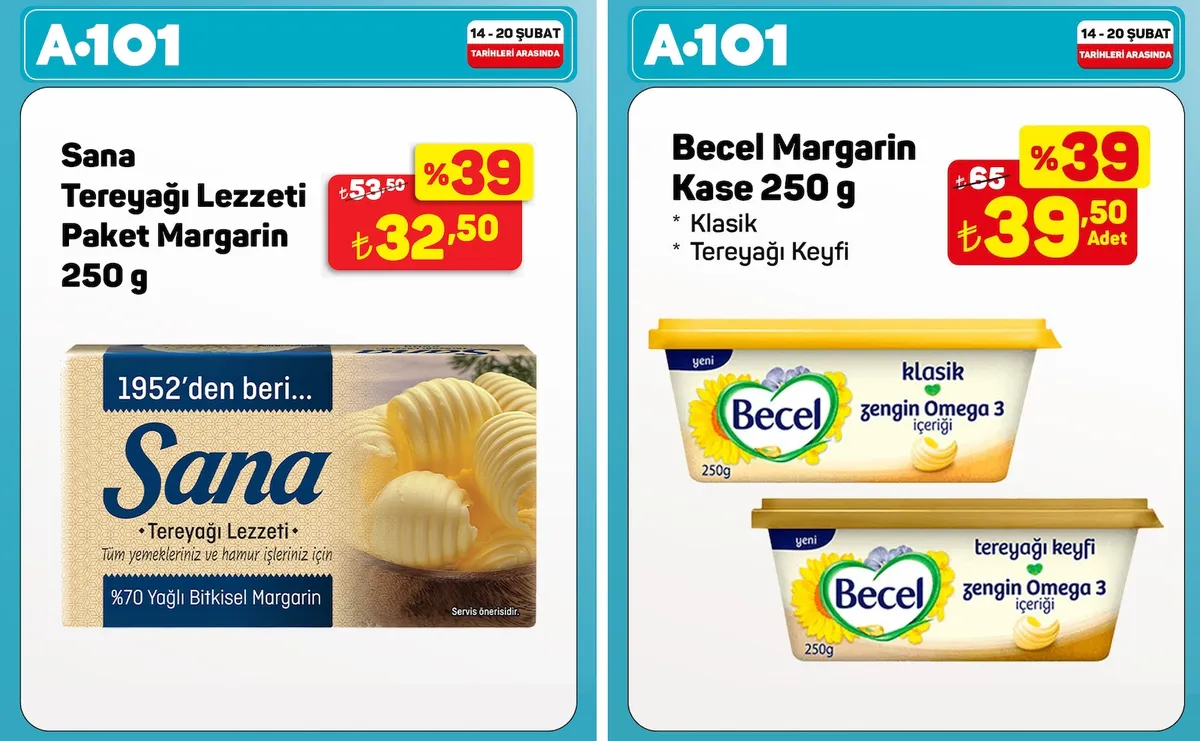 A101 A101 14 Şubat 2026 Aktüel Kataloğu sayfa 1: Becel Margarin Kase 250 G, Sana Tereyağı Lezzeti Paket Margarin 250 G