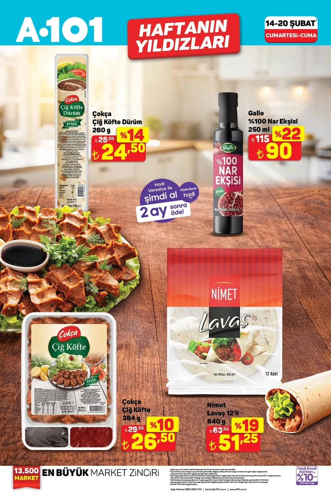A101 A101 14 Şubat 2026 Aktüel Kataloğu sayfa 6: Çokça Çiğ Köfte Dürüm 260 G, Galle %100 Nar Ekşisi 250 Ml