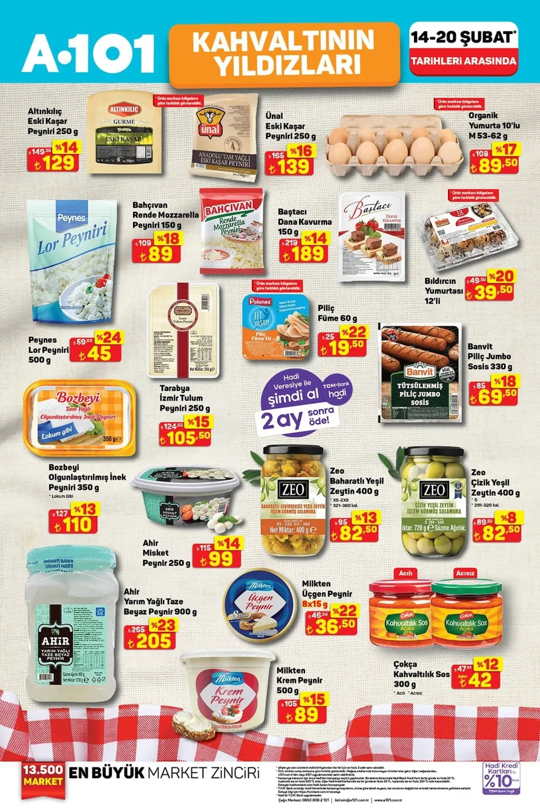 A101 A101 14 Şubat 2026 Aktüel Kataloğu sayfa 1: Banvit Piliç Jumbo Sosis 330 G, Zeo Çizik Yeşil Zeytin 400 G