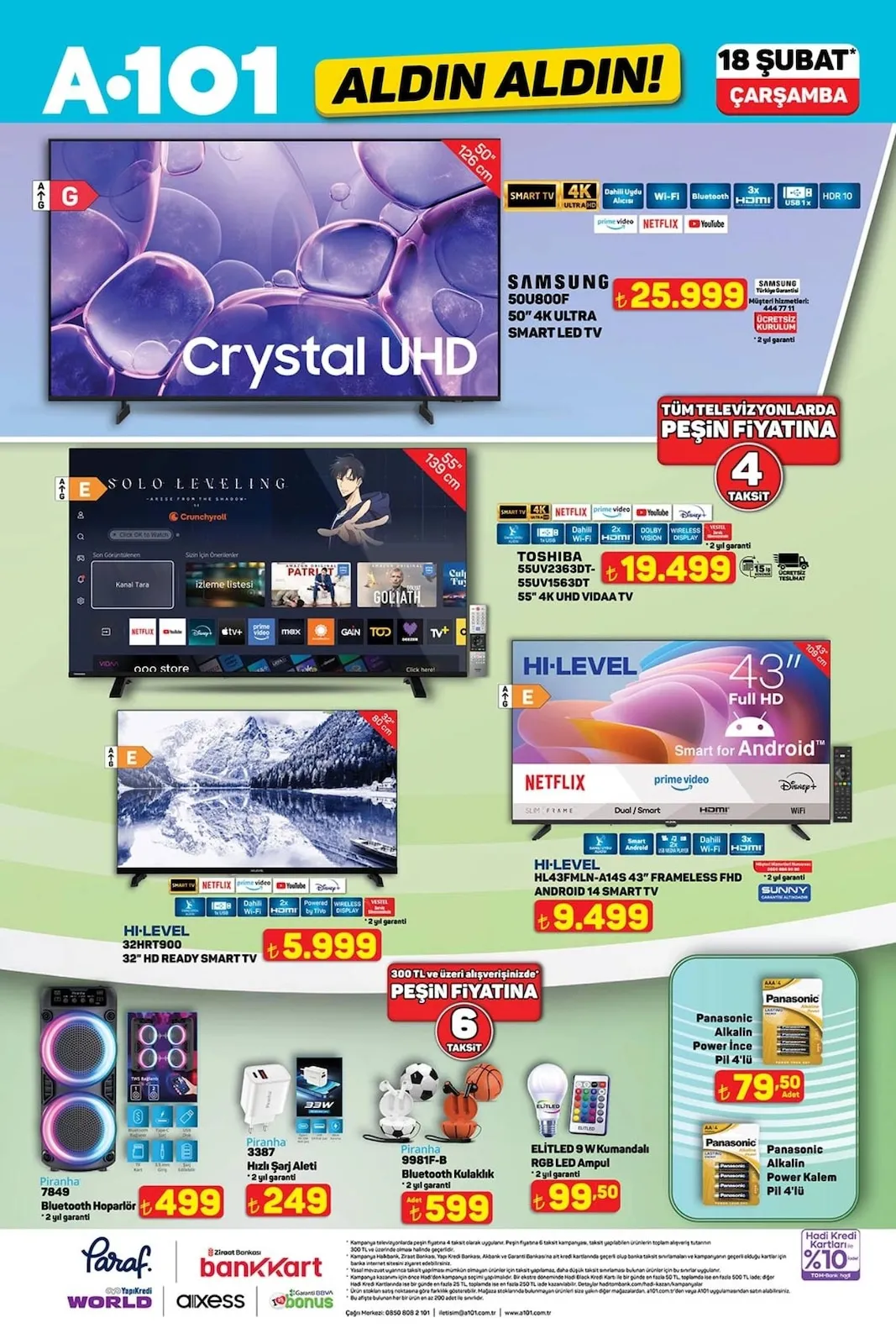 A101 A101 18 Şubat 2026 Aktüel Kataloğu sayfa 1: Samsung 50U800F 50" 4K Ultra Smart Led Tv, Piranha 7849 Bluetooth Hoparlör