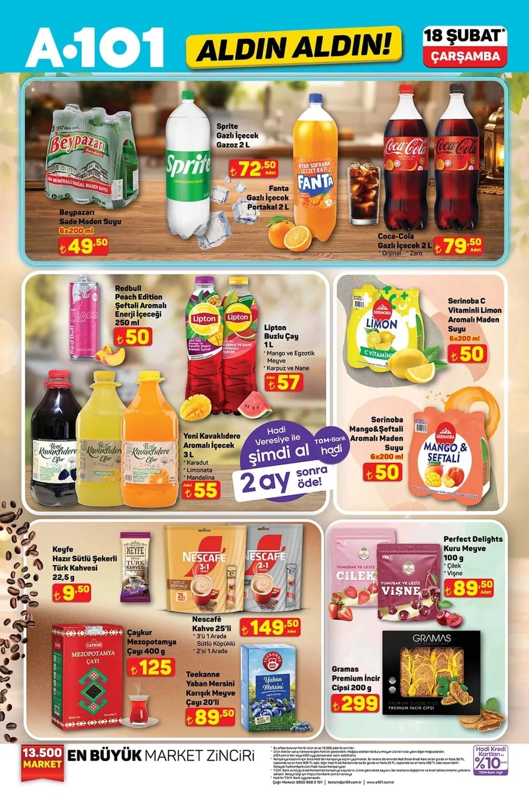 A101 A101 18 Şubat 2026 Aktüel Kataloğu sayfa 11: Lipton Buzlu Çay 1L, Beypazarı Sade Maden Suyu 6X200Ml