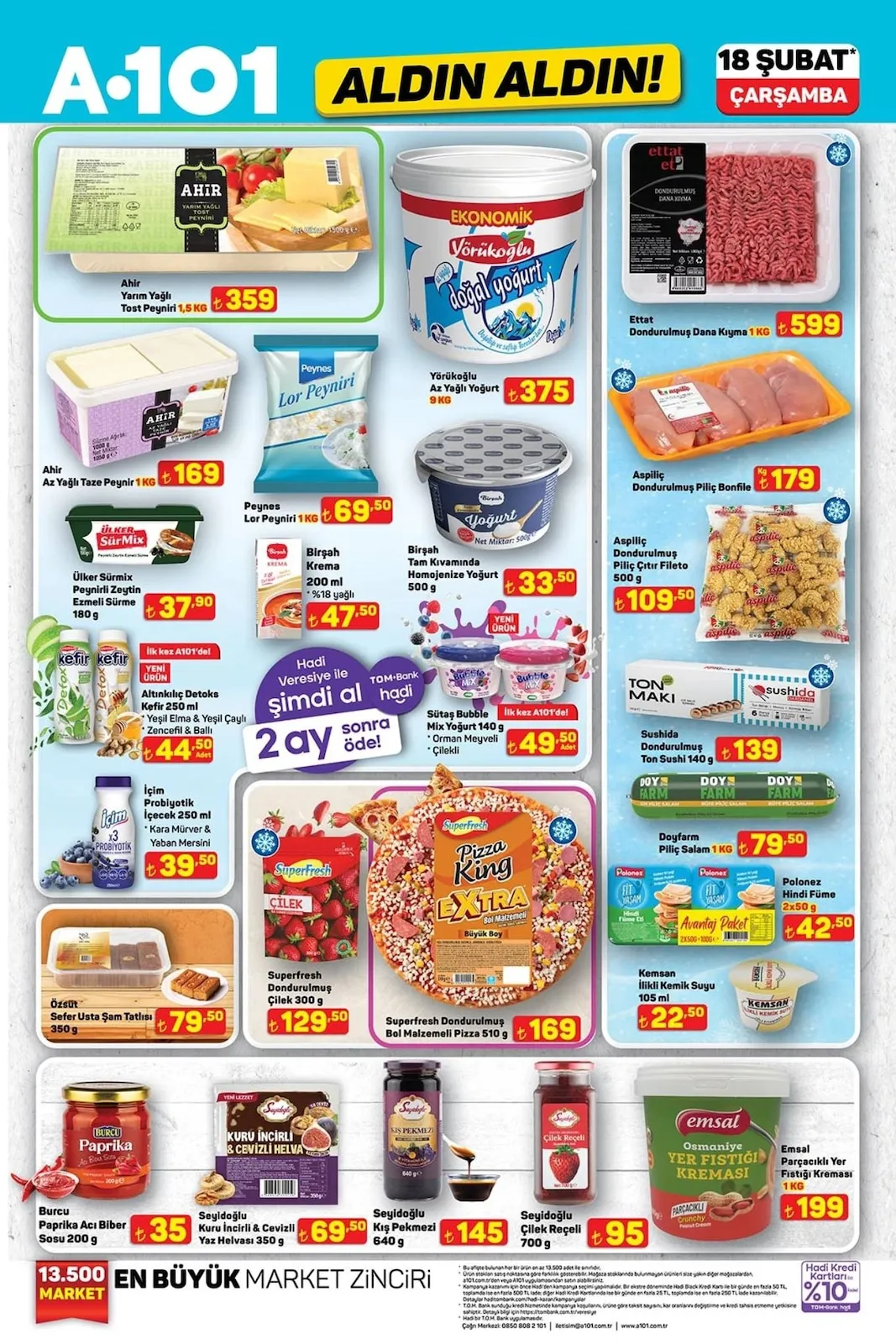 A101 A101 18 Şubat 2026 Aktüel Kataloğu sayfa 12: Yörükoğlu Az Yağlı Yoğurt 9 Kg, Ahir Yarım Yağlı Tost Peyniri 1,5 Kg