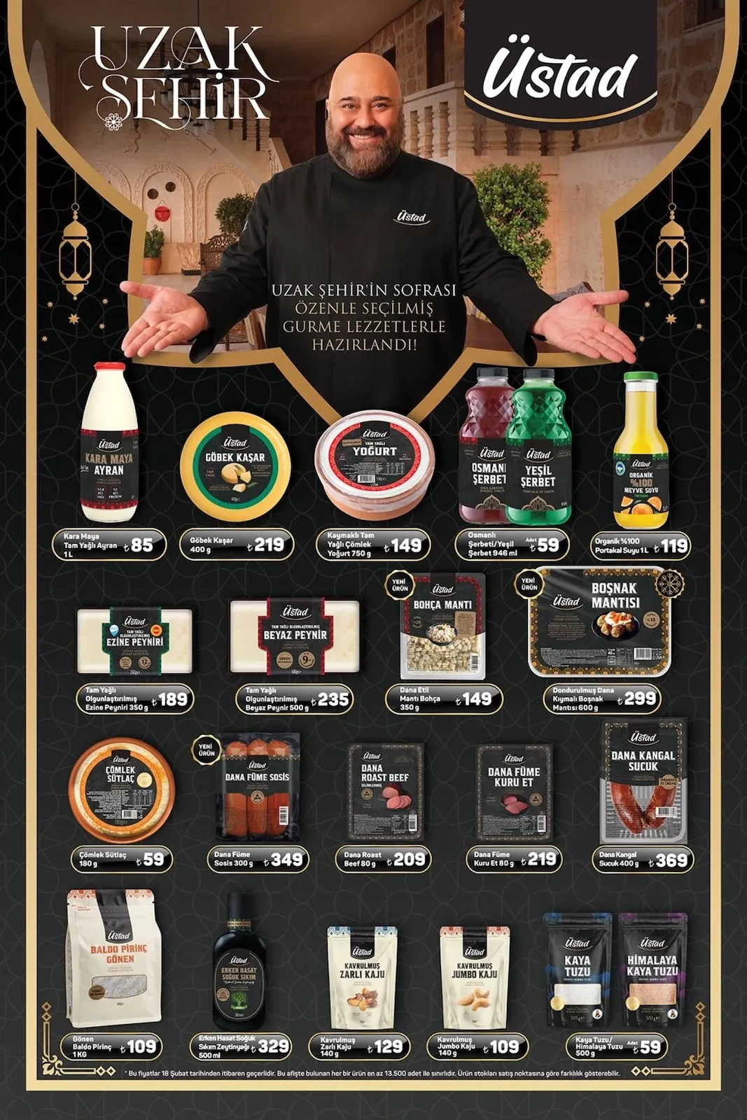 A101 A101 18 Şubat 2026 Aktüel Kataloğu sayfa 13: Üstad Dana Füme Sosis 300 G, Üstad Kavrulmuş Zarlı Kaju 140 G