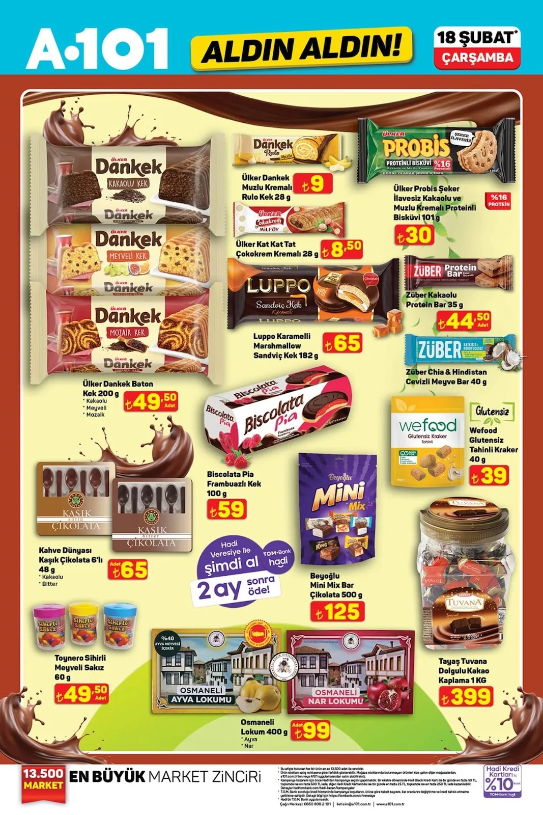 A101 A101 18 Şubat 2026 Aktüel Kataloğu sayfa 14: Ülker Probis Şeker İlavesiz Kakaolu Ve Muzlu Kremalı Proteinli Bisküvi 101 G, Toynero Sihirli Meyveli Sakız 60 G