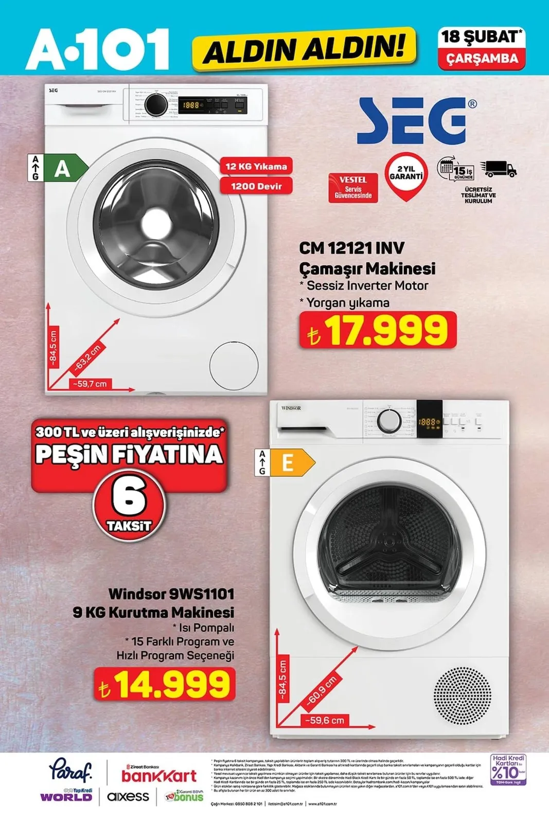 A101 A101 18 Şubat 2026 Aktüel Kataloğu sayfa 2: Seg Cm 12121 Inv Çamaşır Makinesi 12 Kg, Windsor 9Ws1101 9 Kg Kurutma Makinesi