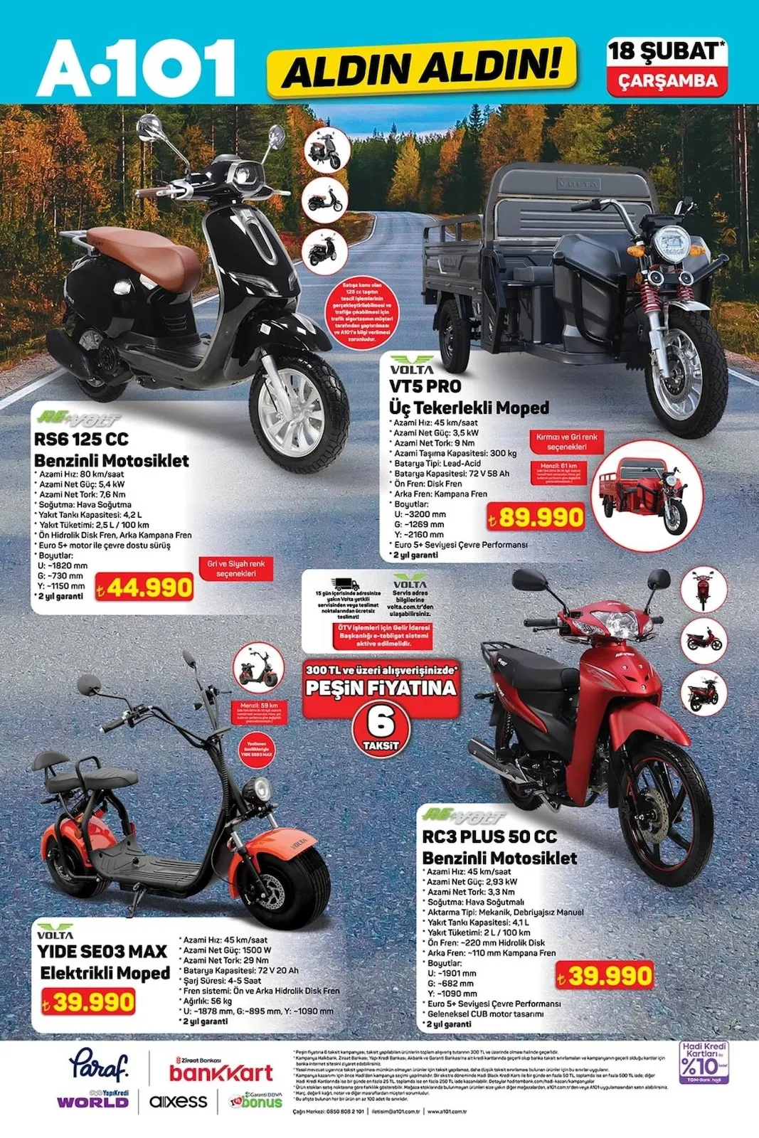 A101 A101 18 Şubat 2026 Aktüel Kataloğu sayfa 4: Volta Yide Seo3 Max Elektrikli Moped, Volta Vt5 Pro Üç Tekerlekli Moped