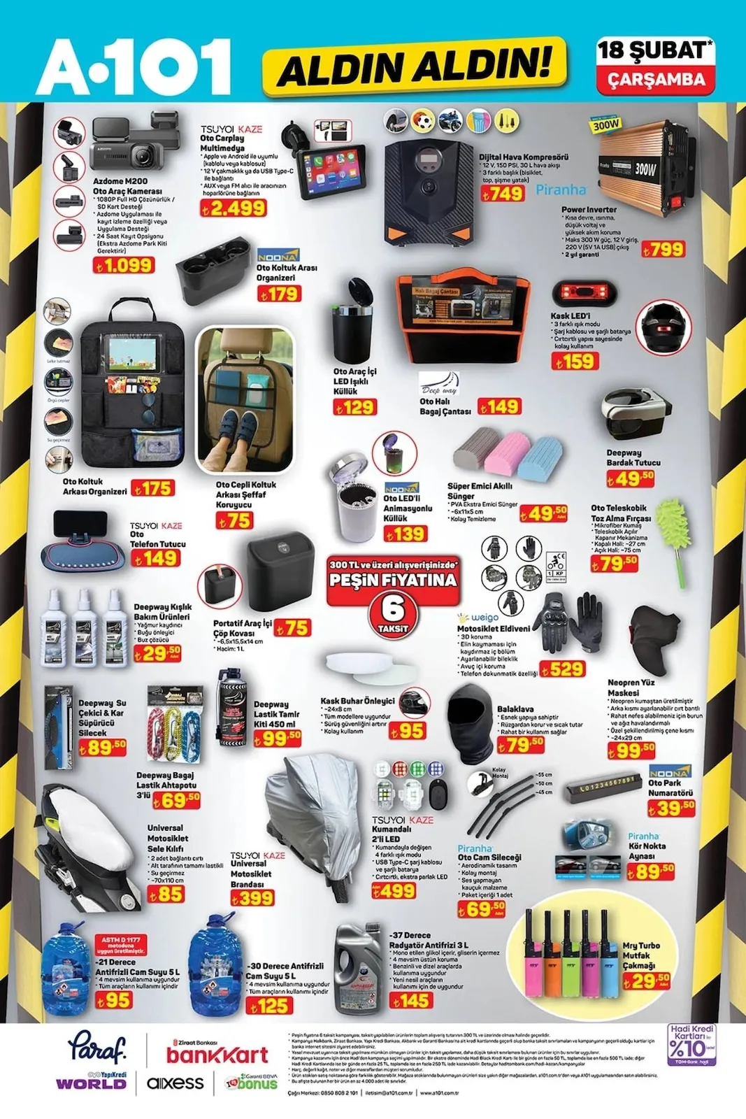 A101 A101 18 Şubat 2026 Aktüel Kataloğu sayfa 5: Tsuyoi Kaze Oto Carplay Multimedya, Kask Buhar Önleyici