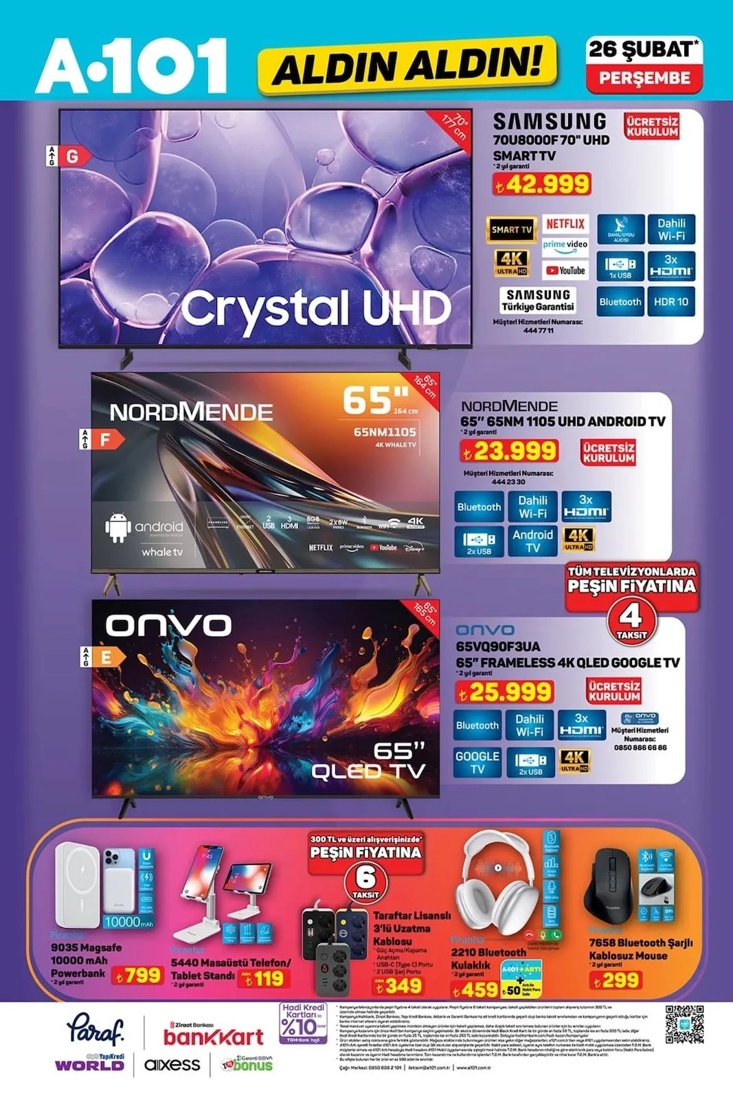 A101 A101 26 Şubat 2026 Aktüel Kataloğu sayfa 1: Onvo 65Vq90F3Ua 65" Frameless 4K Qled Google Tv, Nordmende 65Nm1105 Uhd Android Tv