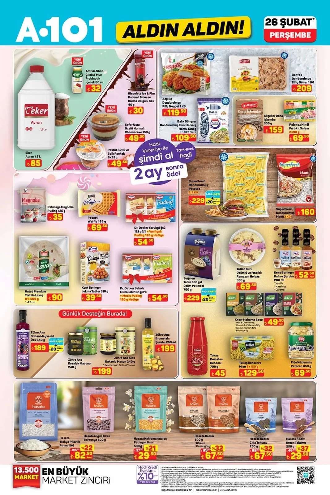 A101 A101 26 Şubat 2026 Aktüel Kataloğu sayfa 11: Dr. Oetker Sakızlı Muhallebi 135 G 2'Li + Muzlu Puding 120 G Hediye, Hasata Kadim 500 G Börülce & Karabuğday