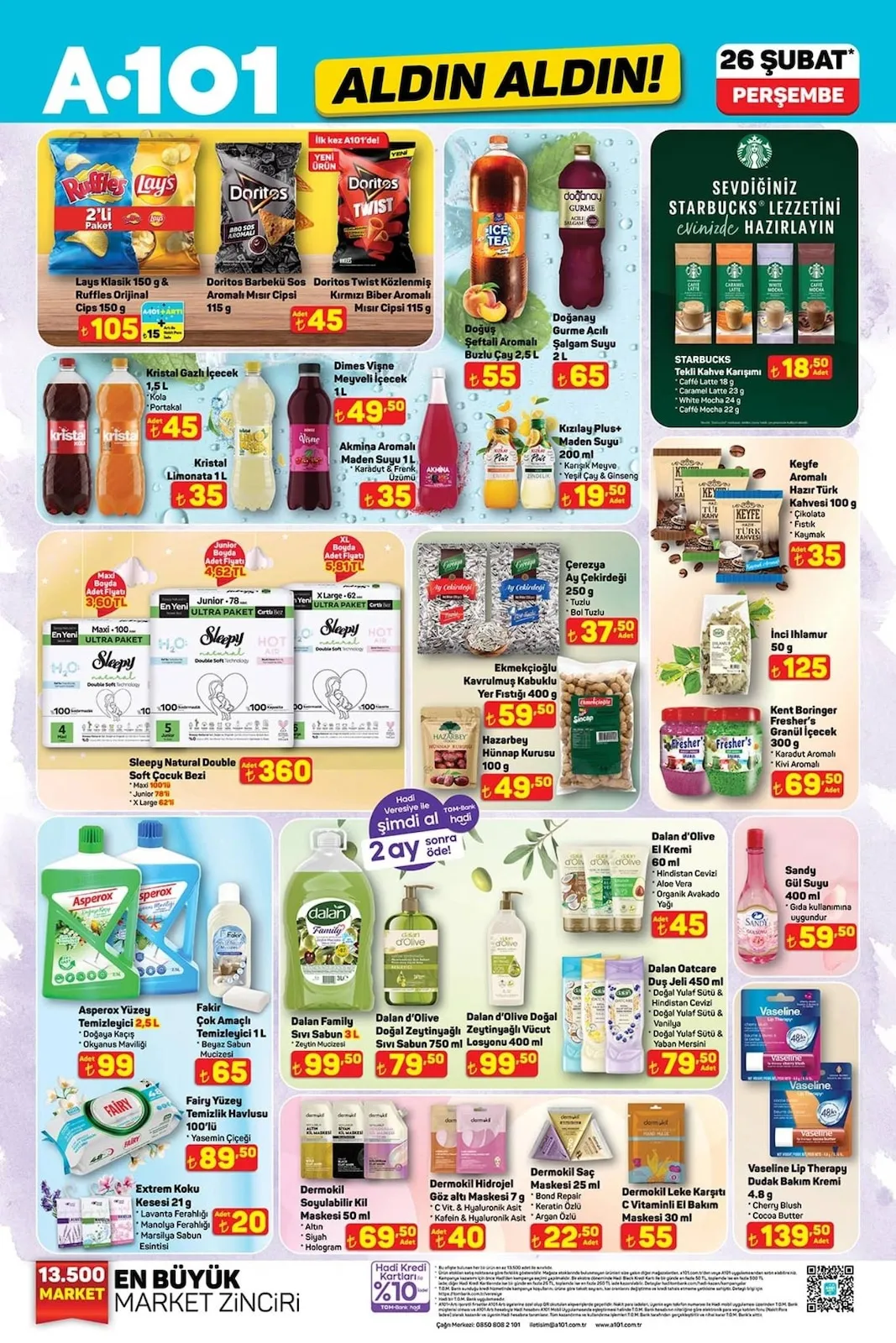 A101 A101 26 Şubat 2026 Aktüel Kataloğu sayfa 12: Sleepy Natural Double Soft Çocuk Bezi, Lays Klasik 150 G & Ruffles Orijinal Cips 150 G 2'Li Paket