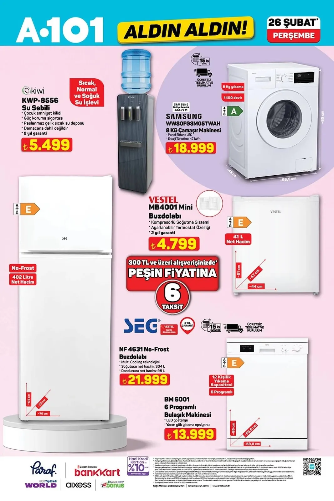 A101 A101 26 Şubat 2026 Aktüel Kataloğu sayfa 2: Vestel Mb4001 Mini Buzdolabı, Samsung Ww80Fg3M05Twah 8 Kg Çamaşır Makinesi