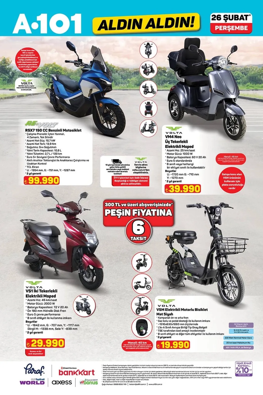 A101 A101 26 Şubat 2026 Aktüel Kataloğu sayfa 4: Volta Vm4 Neo Üç Tekerlekli Elektrikli Moped, Volta Vsm Elektrikli Motorlu Bisiklet Mat Siyah