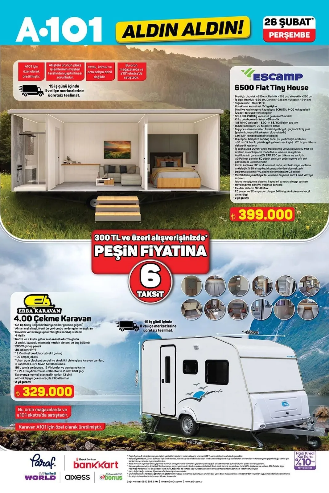 A101 A101 26 Şubat 2026 Aktüel Kataloğu sayfa 5: Escamp 6500 Flat Tiny House, Erba Çekme Karavan 4.00