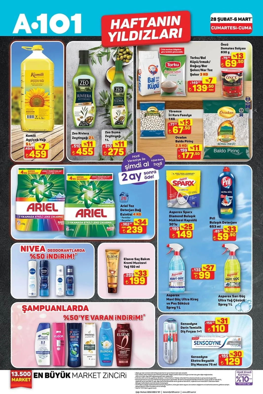 A101 A101 28 Şubat 2026 Aktüel Kataloğu sayfa 1: Ariel Toz Deterjan Dağ Esintisi 4 Kg, Torku/Bal Küpü/Irmak/Doğuş/Bor Şeker/Nar Toz Şeker 3 Kg