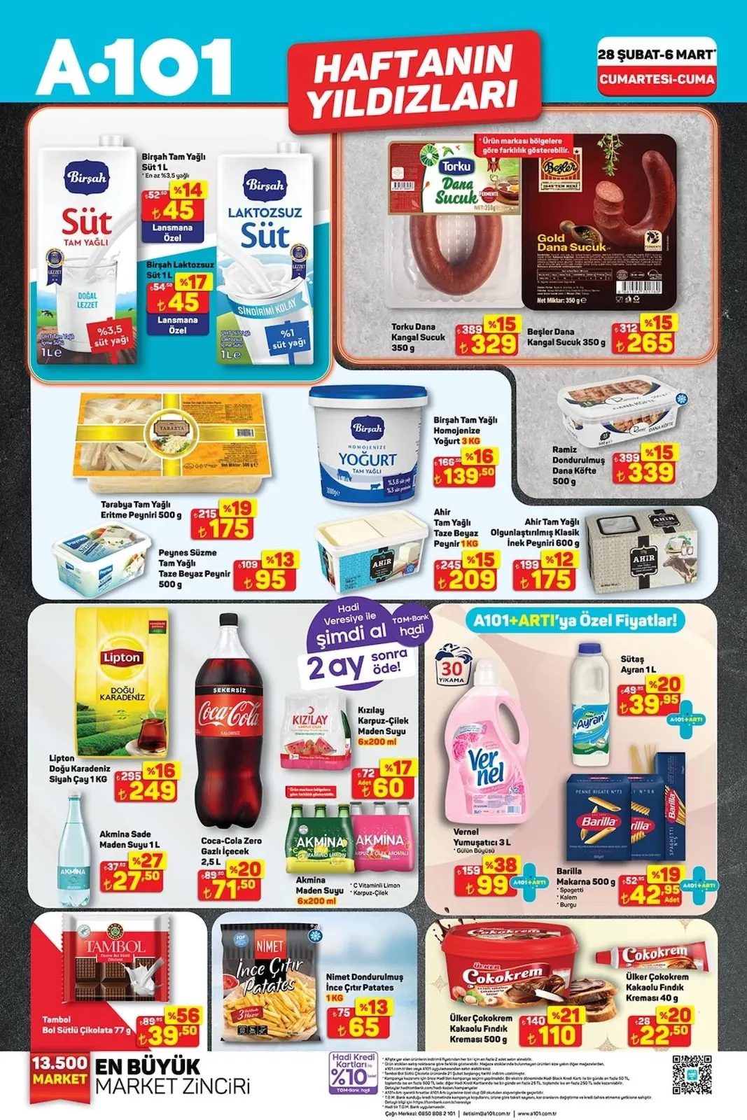 A101 A101 28 Şubat 2026 Aktüel Kataloğu sayfa 2: Tambol Bol Sütlü Çikolata 77 G, Kızılay Karpuz-Çilek Maden Suyu 6X200 Ml