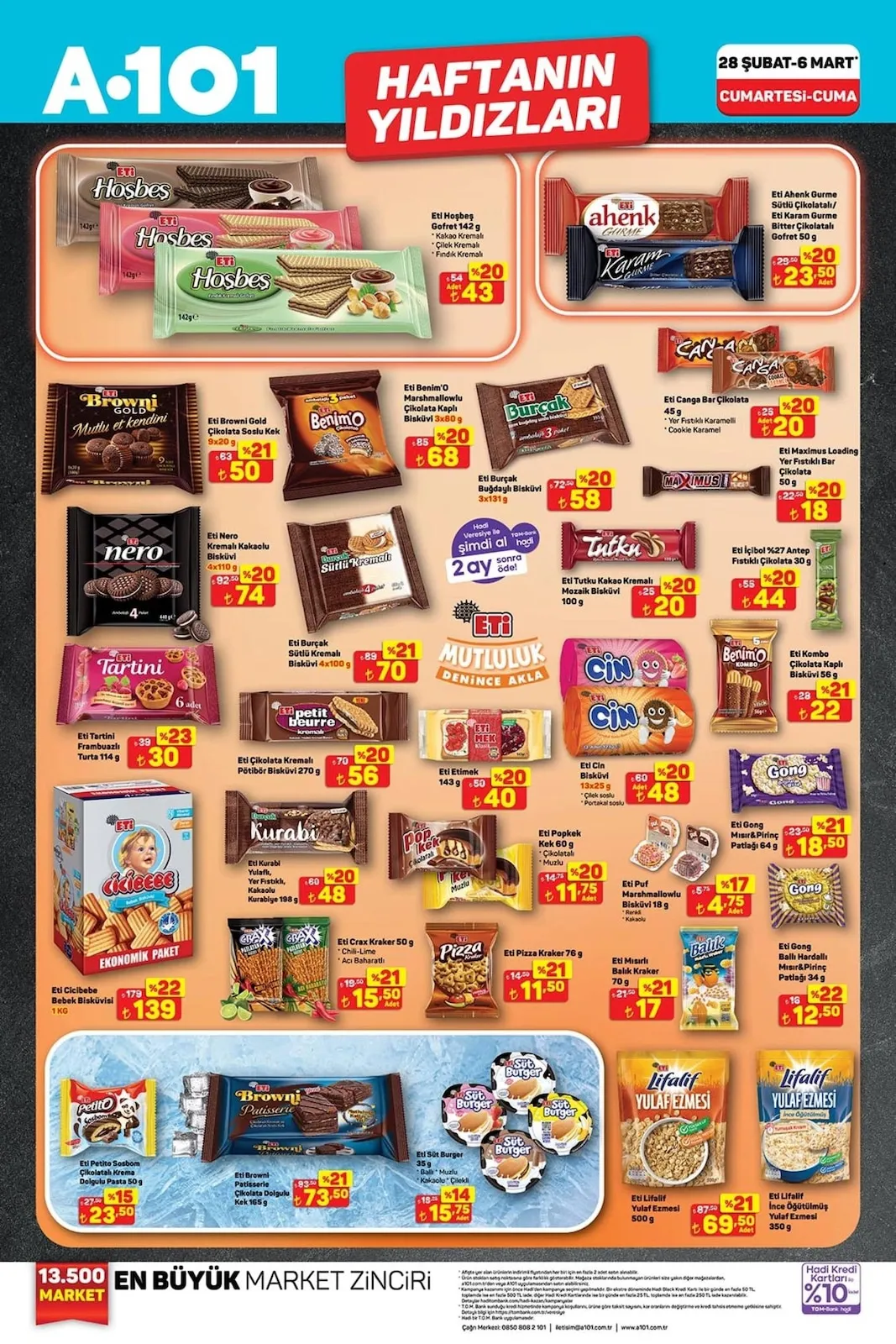 A101 A101 28 Şubat 2026 Aktüel Kataloğu sayfa 3: Eti Ahenk Gurme Sütlü Çikolatalı/ Eti Karam Gurme Bitter Çikolatalı Gofret 50 G, Eti Puf Marshmallowlu Bisküvi 18 G