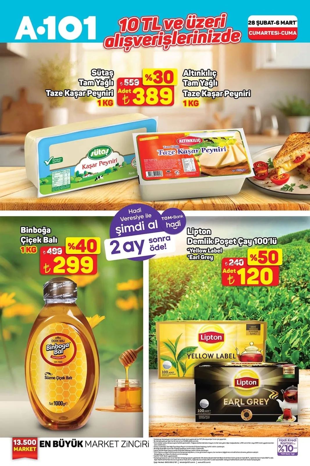 A101 A101 28 Şubat 2026 Aktüel Kataloğu sayfa 6: Lipton Demlik Poşet Çay 100'Lü Yellow Label, Binboğa Çiçek Balı 1 Kg