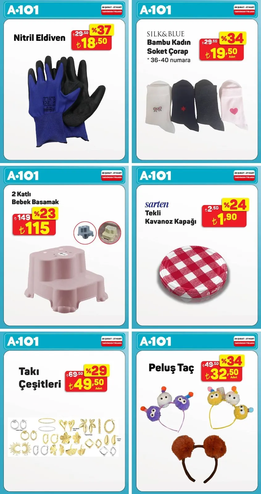 A101 A101 28 Şubat 2026 Aktüel Kataloğu sayfa 1: Peluş Taç, Nitril Eldiven
