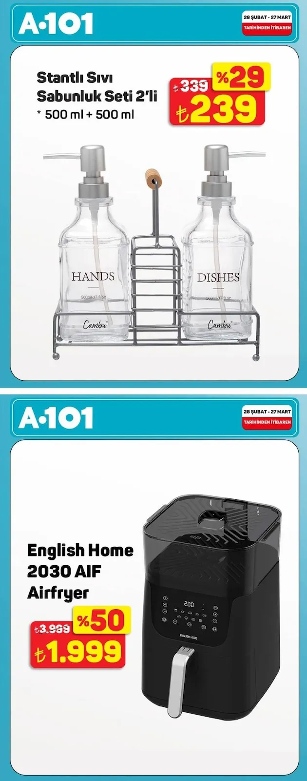 A101 A101 28 Şubat 2026 Aktüel Kataloğu sayfa 3: English Home 2030 Aif Airfryer, Stantlı Sıvı Sabunluk Seti 2'Li * 500 Ml + 500 Ml