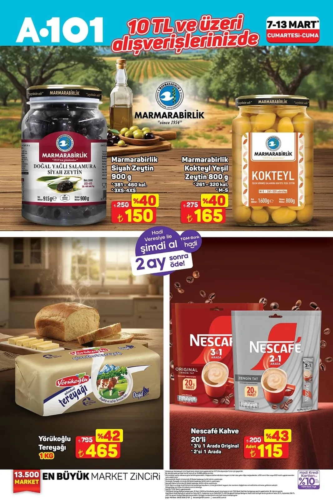 A101 A101 7 Mart 2026 Aktüel Kataloğu sayfa 3: Nescafe Kahve 20'Li 3'Ü 1 Arada Original 2'Si 1 Arada, Marmarabirlik Kokteyl Yeşil Zeytin 800 G
