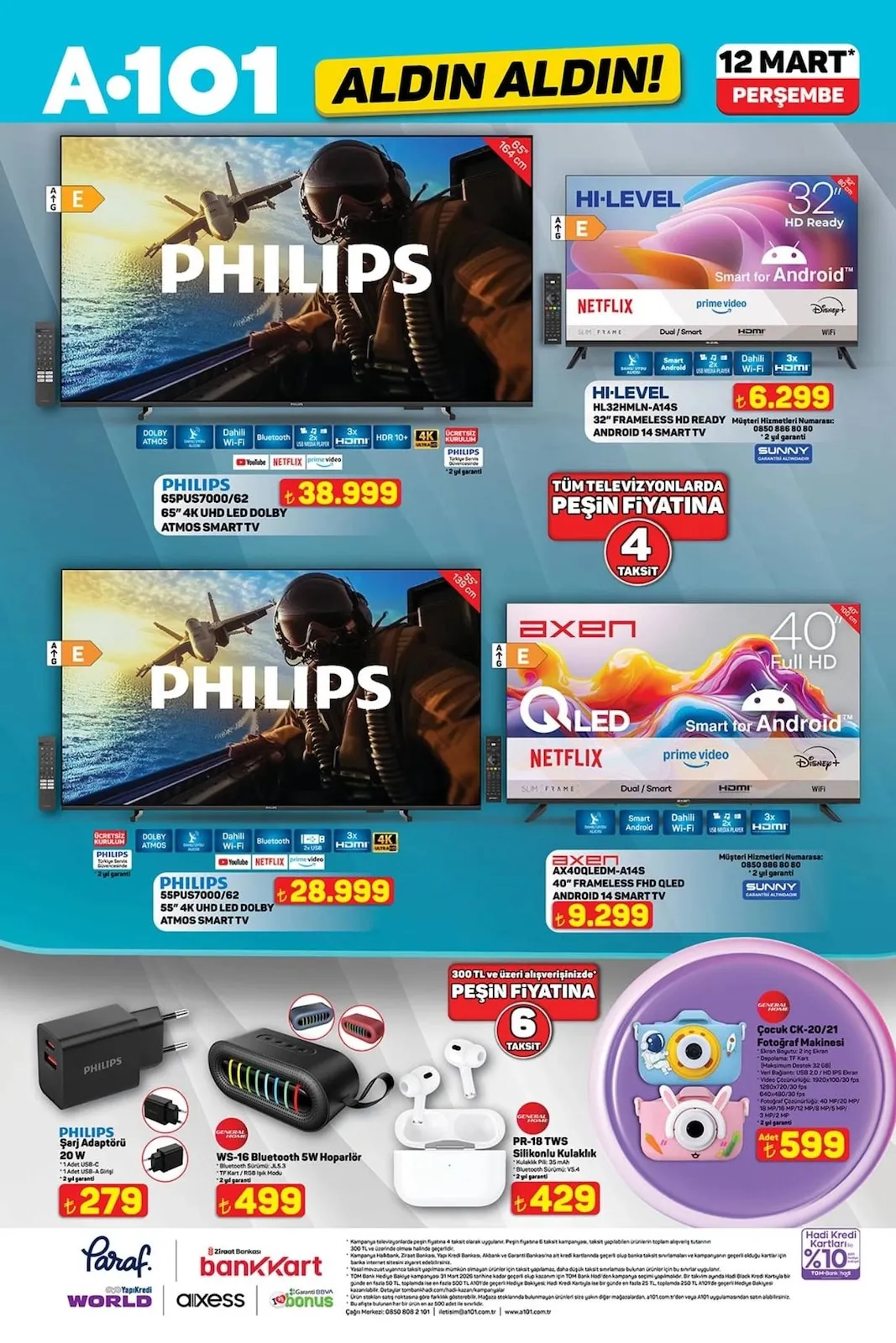 A101 A101 12 Mart 2026 Aktüel Kataloğu sayfa 1: Hi-Level Hl32Hmln-A14S 32" Frameless Hd Ready Android 14 Smart Tv, Philips Şarj Adaptörü 20 W