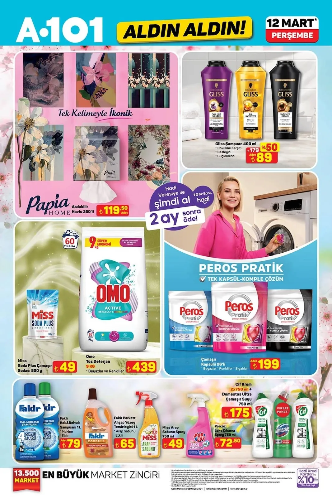 A101 A101 12 Mart 2026 Aktüel Kataloğu sayfa 13: Cif Krem 2X750 Ml + Domestos Ultra Çamaşır Suyu 750 Ml, Miss Soda Plus Çamaşır Sodası 500 G
