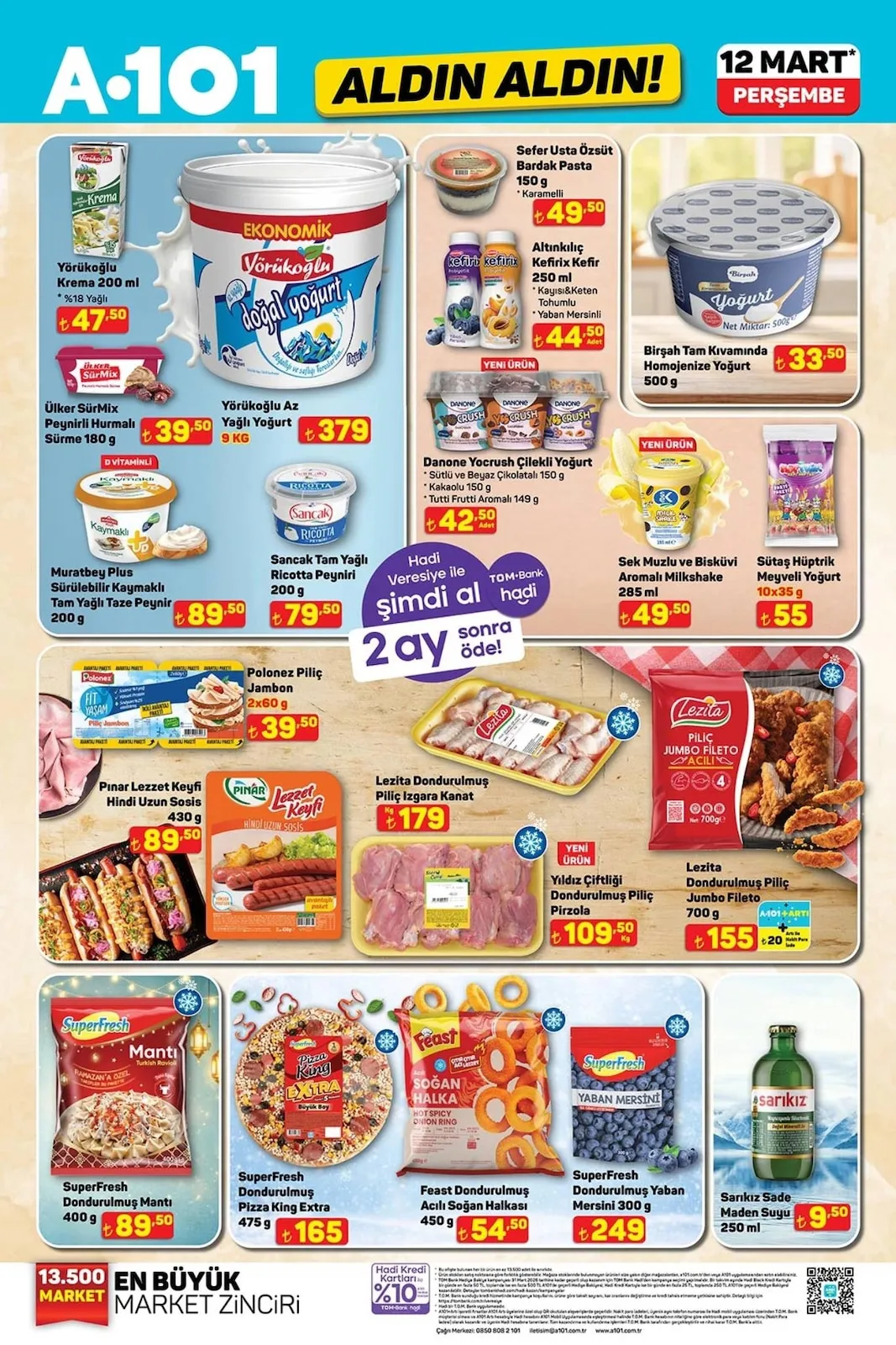 A101 A101 12 Mart 2026 Aktüel Kataloğu sayfa 14: Vörükoğlu Az Yağlı Yoğurt 9 Kg, Sarıkız Sade Maden Suyu 250 Ml