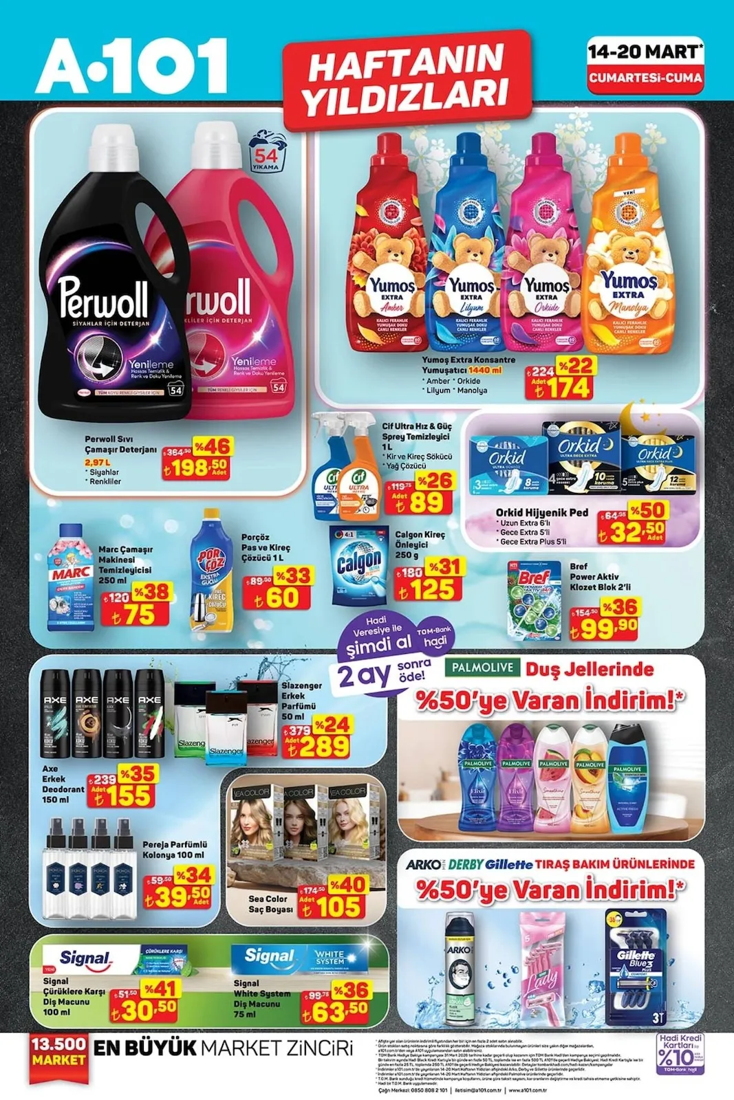 A101 A101 14 Mart 2026 Aktüel Kataloğu sayfa 2: Perwoll Sıvı Çamaşır Deterjanı 2.97 L, Orkid Hijyenik Ped