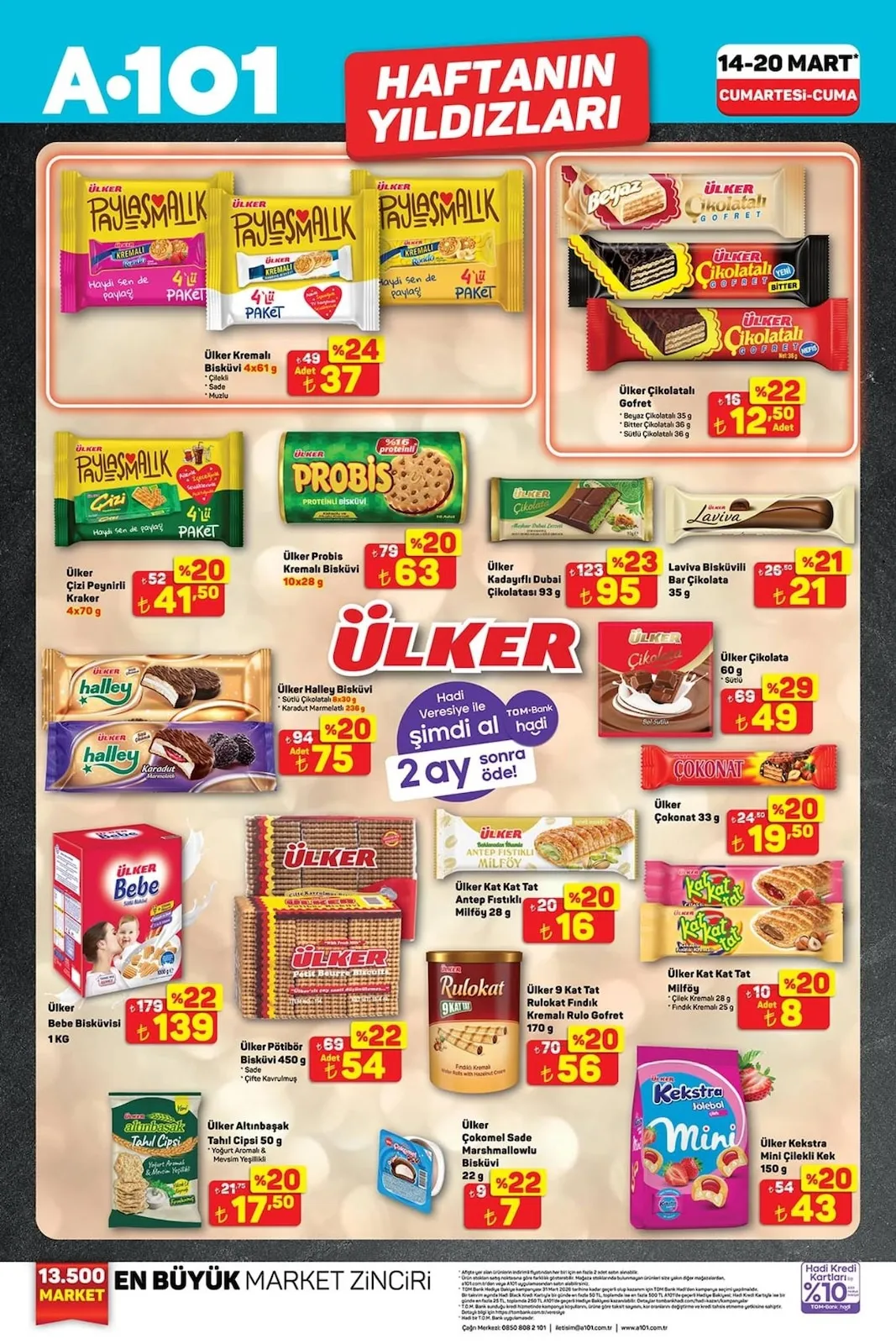 A101 A101 14 Mart 2026 Aktüel Kataloğu sayfa 3: Ülker Çizi Peynirli Kraker 4X70 G, Ülker Çikolatalı Gofret