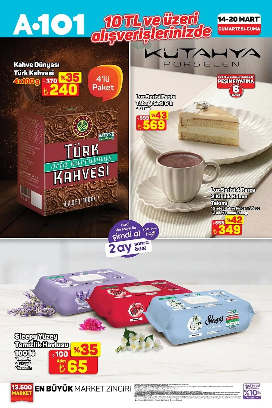 A101 A101 14 Mart 2026 Aktüel Kataloğu sayfa 4: Kahve Dünyası Türk Kahvesi 4X100G, Luz Serisi Pasta Tabağı Seti 6'Lı