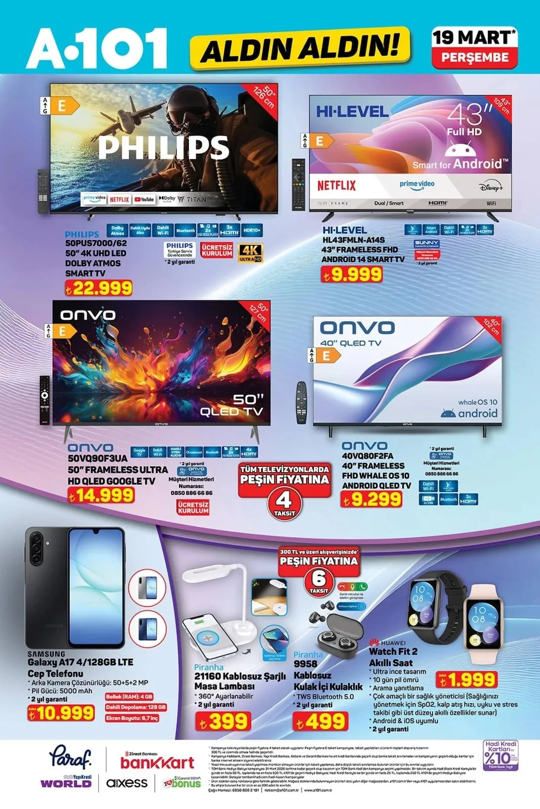 A101 A101 19 Mart 2026 Aktüel Kataloğu sayfa 1: Onvo 40'' Qled Tv, Samsung Galaxy A17 4/128Gb Lte Cep Telefonu